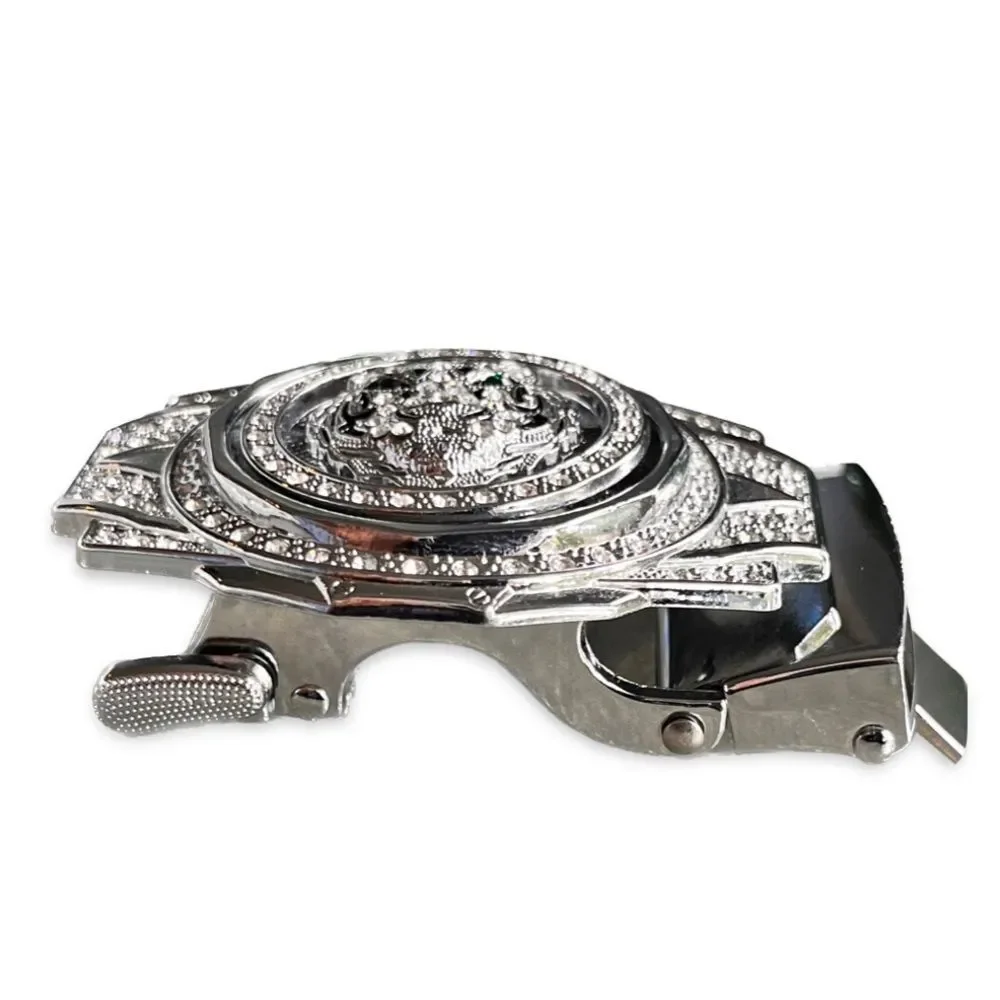 Silver Tone Tiger Ratchet Belt Buckle with Rhinestones - Statement Piece